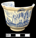 Printed underglaze refined white earthenware panelled cup with romantic motif pattern and continuous repeating linear border motif from 18BC27, Feature 30.  